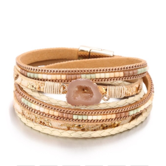 Bohemian Quartz Leather Wrap Bangle Bracelet - Picture 6 of 9